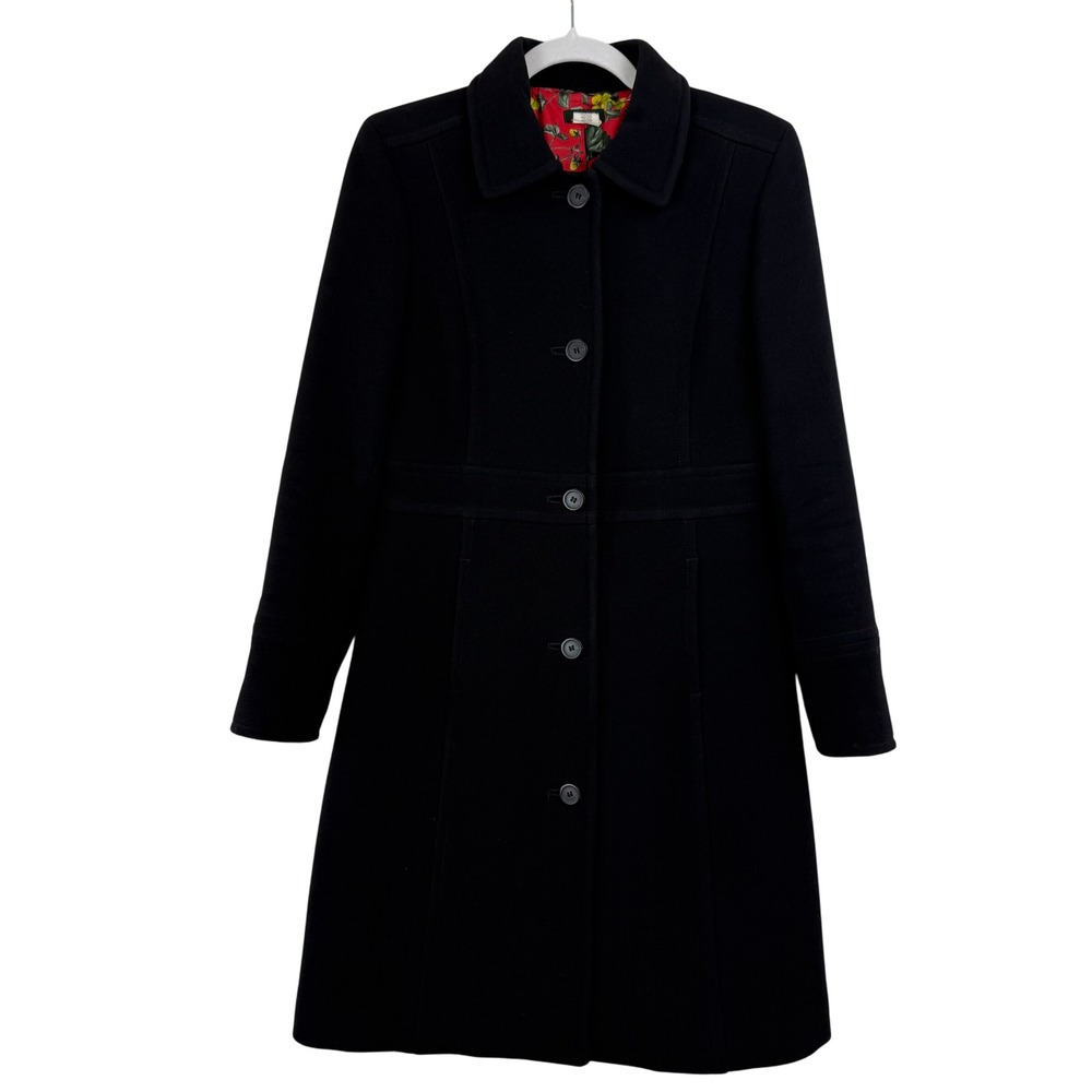 VTG J. Crew Lady Day‎ Wool Coat Floral Lined Button Classic Black Women 6 69914